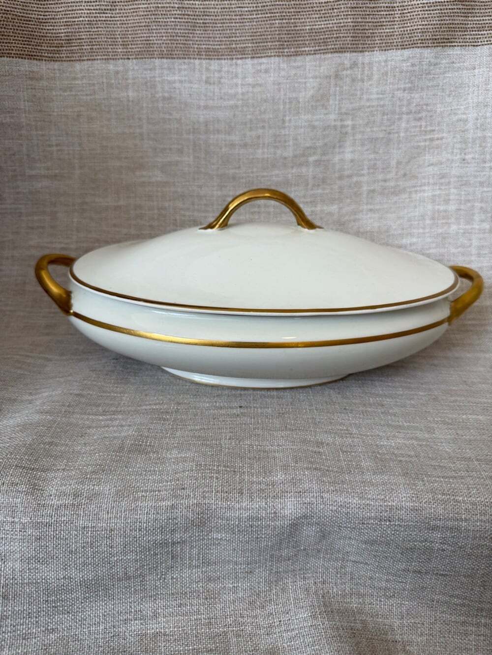Antique Johnson Bros England White Ironstone Covered Vegetable Tureen Gold Trim